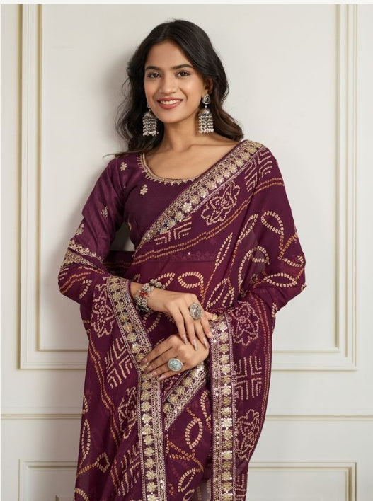 Wine Georgette Bandhani Print Party Wear Saree | Embroidered Lace Border & Art Silk Blouse