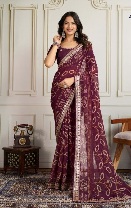 Wine Georgette Bandhani Print Party Wear Saree | Embroidered Lace Border & Art Silk Blouse