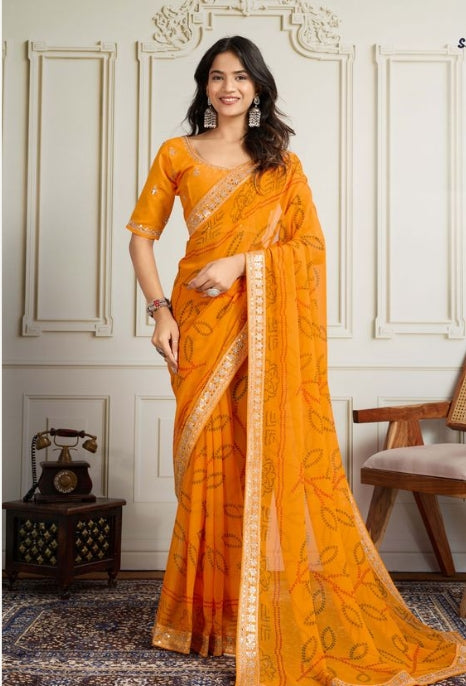 Sunshine Yellow Georgette Bandhani Print Party Wear Saree | Embroidered Lace Border & Art Silk Blouse