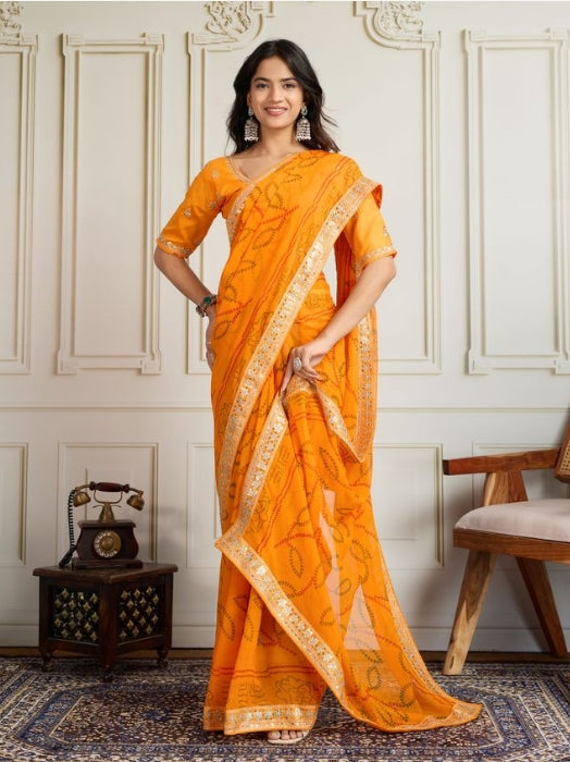 Sunshine Yellow Georgette Bandhani Print Party Wear Saree | Embroidered Lace Border & Art Silk Blouse