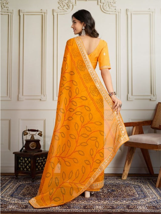 Sunshine Yellow Georgette Bandhani Print Party Wear Saree | Embroidered Lace Border & Art Silk Blouse