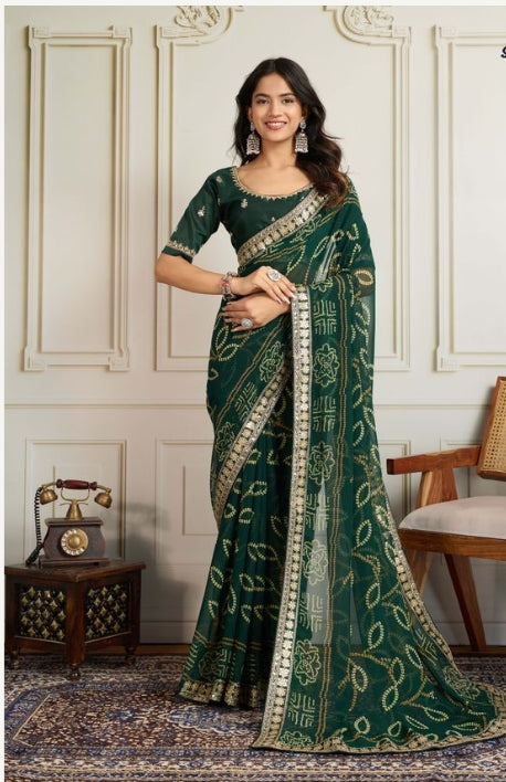 Emerald Green Georgette Bandhani Print Party Wear Saree | Embroidered Lace Border & Art Silk Blouse