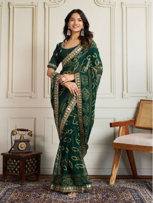 Emerald Green Georgette Bandhani Print Party Wear Saree | Embroidered Lace Border & Art Silk Blouse