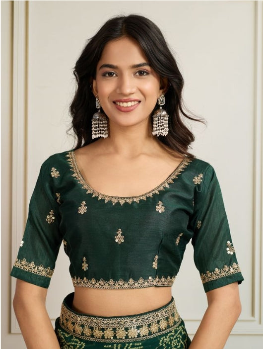 Emerald Green Georgette Bandhani Print Party Wear Saree | Embroidered Lace Border & Art Silk Blouse