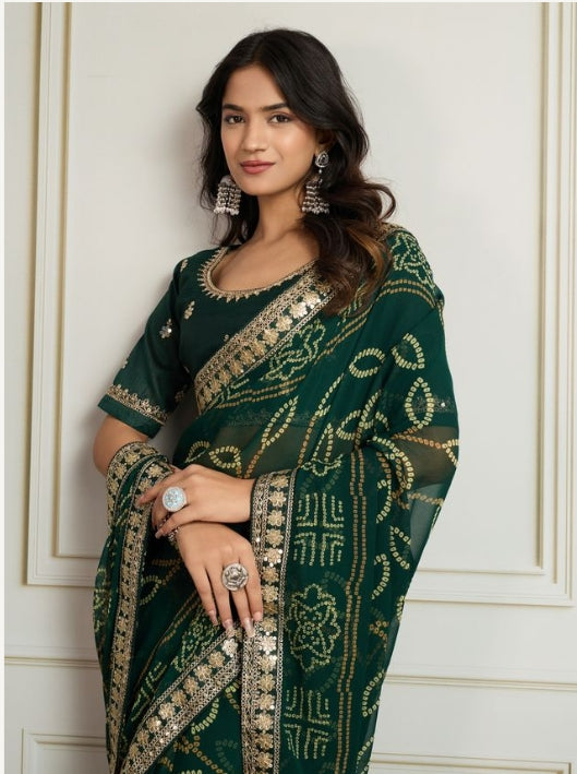 Emerald Green Georgette Bandhani Print Party Wear Saree | Embroidered Lace Border & Art Silk Blouse