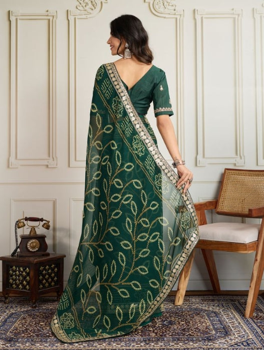 Emerald Green Georgette Bandhani Print Party Wear Saree | Embroidered Lace Border & Art Silk Blouse