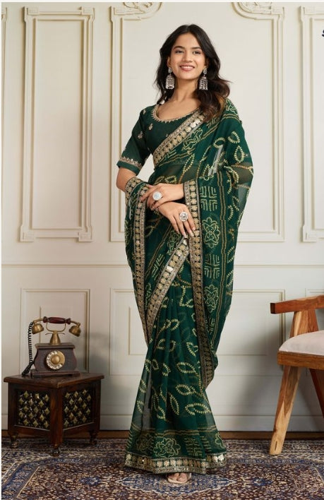 Emerald Green Georgette Bandhani Print Party Wear Saree | Embroidered Lace Border & Art Silk Blouse
