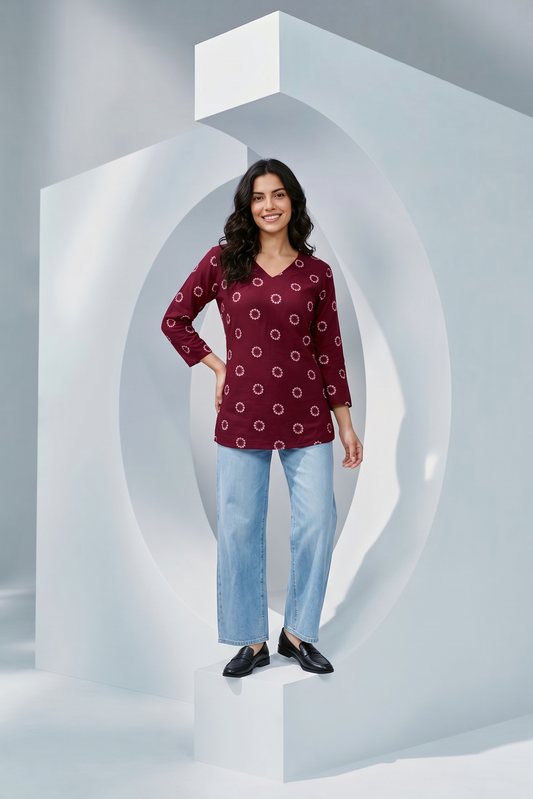 Rich Maroon Cotton Printed Short Tunic Kurta | Ready-to-Wear Comfort