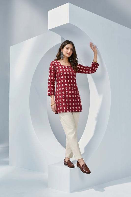 Classic Maroon Cotton Printed Short Tunic Kurta | Ready-to-Wear Comfort