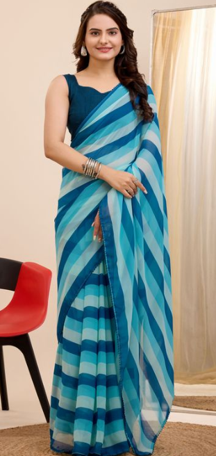 Blue Georgette Ready To Wear Saree | Designer Printed Art Silk Couture