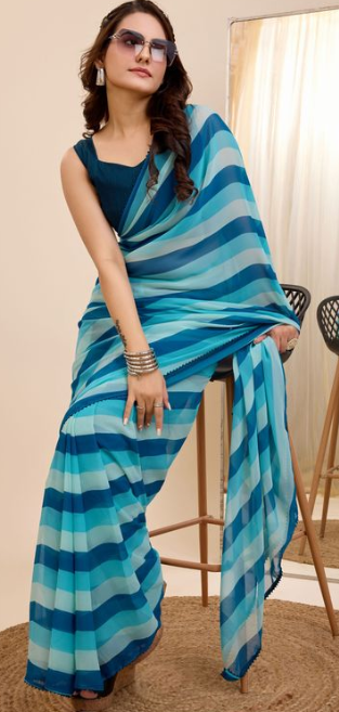 Blue Georgette Ready To Wear Saree | Designer Printed Art Silk Couture