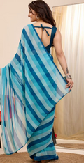 Blue Georgette Ready To Wear Saree | Designer Printed Art Silk Couture
