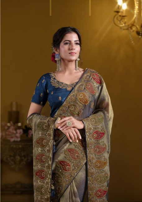 Teal Blue Pure Georgette Designer Saree | Pure Khatli Work with Sequence Details