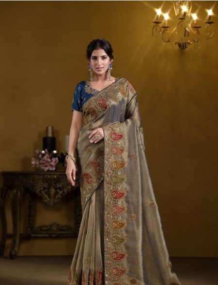 Teal Blue Pure Georgette Designer Saree | Pure Khatli Work with Sequence Details