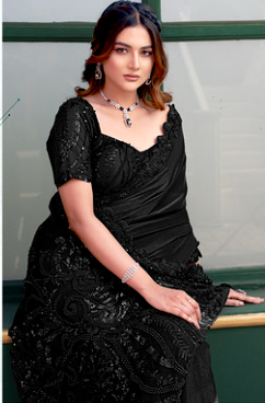 Black Versace Illusion Designer Saree | PureBeads Hand Work with Stitched Blouse