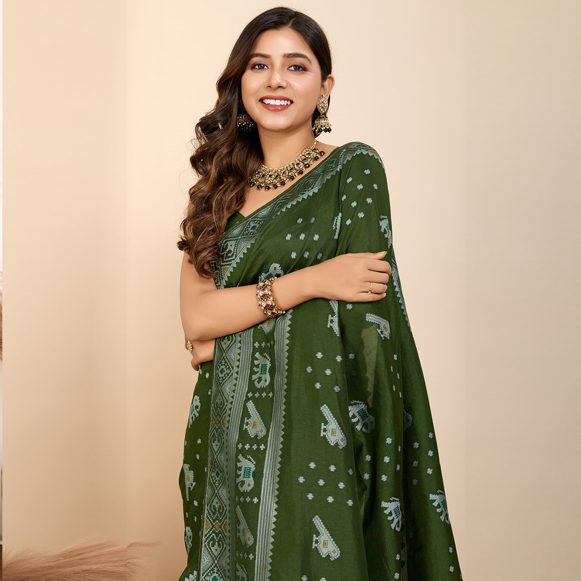 Emerald Green Soft Silk Party Wear Saree | Woven Meenakari Designer Ensemble