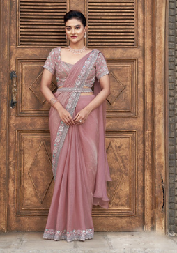 Peach Two Tone Satin Silk Saree | Hand-Embroidered Four Sequin Work Couture
