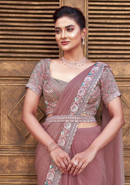 Peach Two Tone Satin Silk Saree | Hand-Embroidered Four Sequin Work Couture
