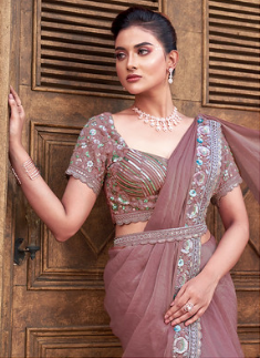 Peach Two Tone Satin Silk Saree | Hand-Embroidered Four Sequin Work Couture