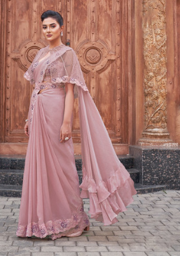 Pink Two Tone Satin Silk Saree | Hand-Embroidered Pearl Work Couture