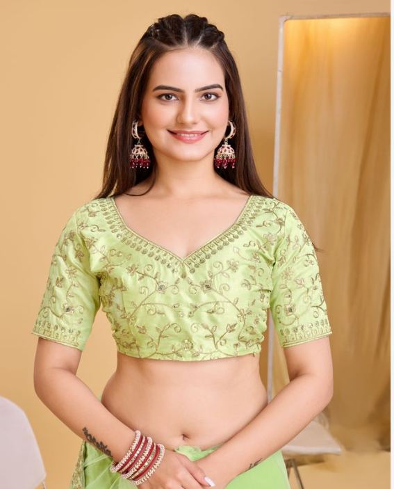 Pista Green Soft Net Party Wear Saree | Designer Embroidered Fresh Sophistication