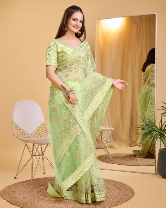 Pista Green Soft Net Party Wear Saree | Designer Embroidered Fresh Sophistication