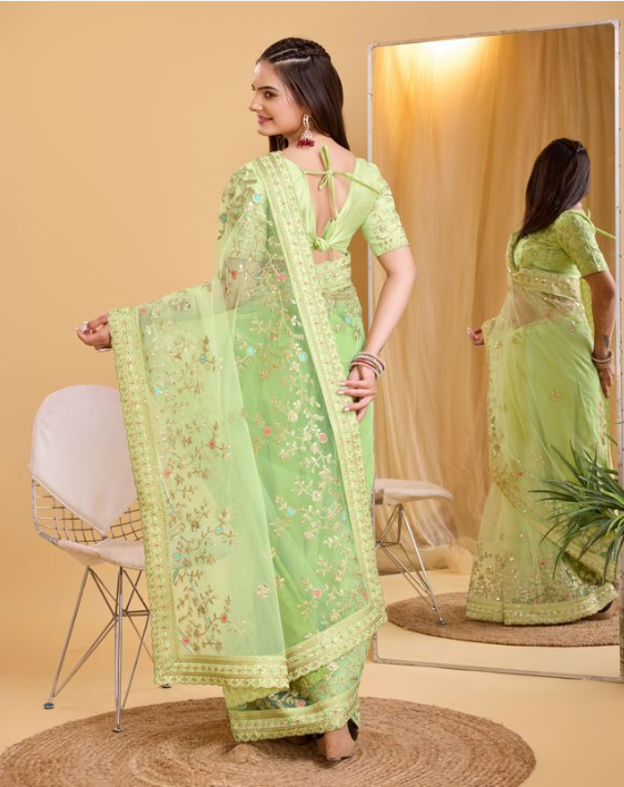 Pista Green Soft Net Party Wear Saree | Designer Embroidered Fresh Sophistication
