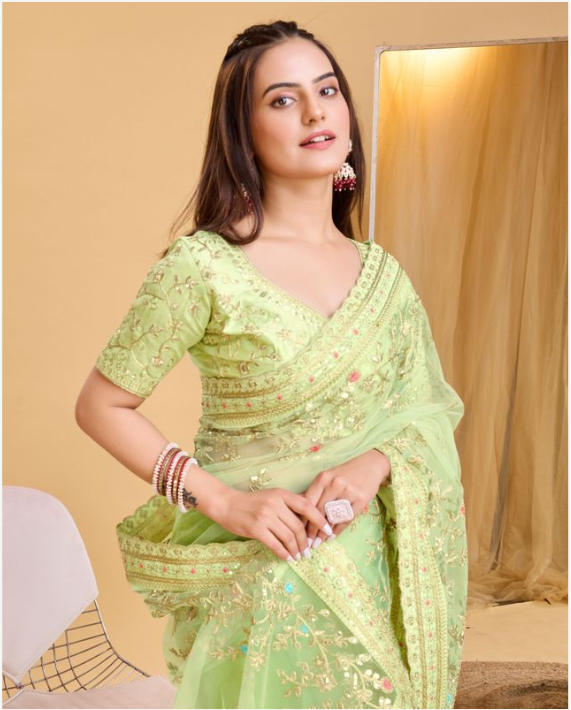 Pista Green Soft Net Party Wear Saree | Designer Embroidered Fresh Sophistication