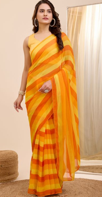 Yellow Georgette Ready To Wear Saree | Designer Printed Art Silk Couture