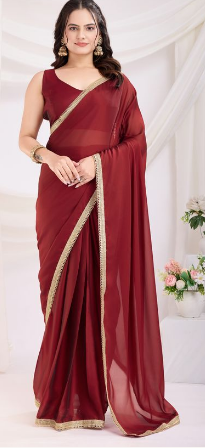 Maroon Majesty Rangoli Silk Ready-to-Wear Saree | Art Silk Blouse with Lace Border