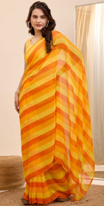 Yellow Georgette Ready To Wear Saree | Designer Printed Art Silk Couture