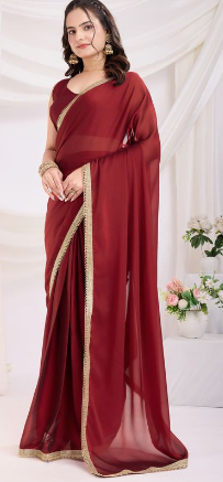 Maroon Majesty Rangoli Silk Ready-to-Wear Saree | Art Silk Blouse with Lace Border