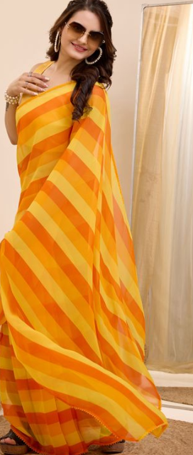 Yellow Georgette Ready To Wear Saree | Designer Printed Art Silk Couture