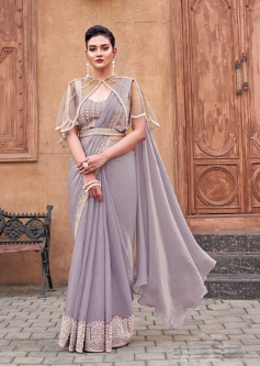 Lovender Two Tone Satin Silk Saree | Hand-Embroidered Sequin & Pearl Work Couture