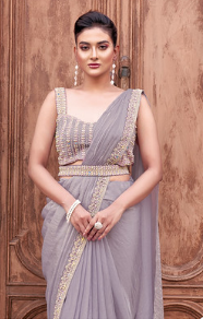 Lovender Two Tone Satin Silk Saree | Hand-Embroidered Sequin & Pearl Work Couture