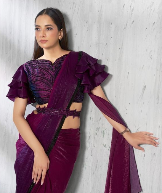 Wine Satin Silk Soirée Saree | Beads Embroidery with Ruffle Sleeve Belt