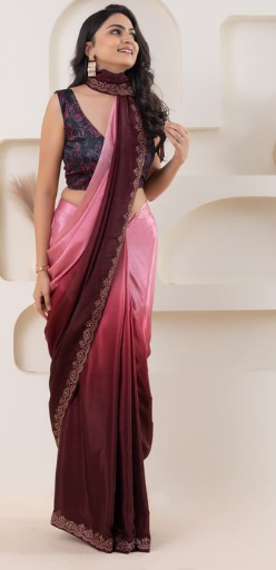 Feminine Pink Satin Ready To Wear Saree | Pedding Designer with Swarovski Border Couture