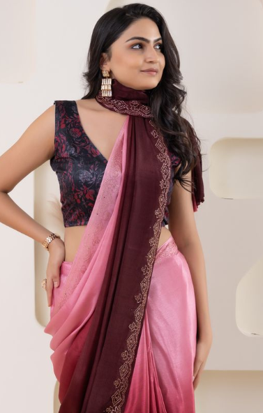Feminine Pink Satin Ready To Wear Saree | Pedding Designer with Swarovski Border Couture