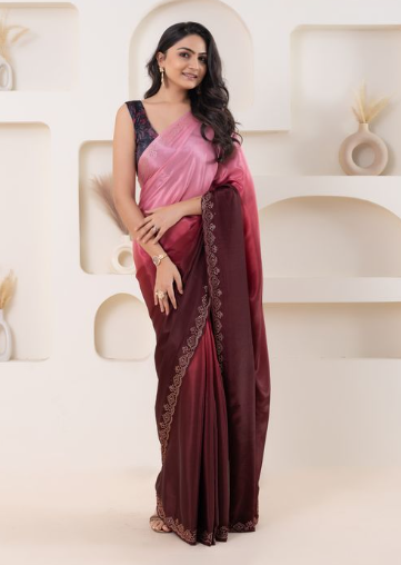 Feminine Pink Satin Ready To Wear Saree | Pedding Designer with Swarovski Border Couture