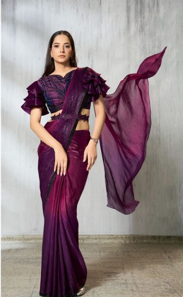 Wine Satin Silk Soirée Saree | Beads Embroidery with Ruffle Sleeve Belt