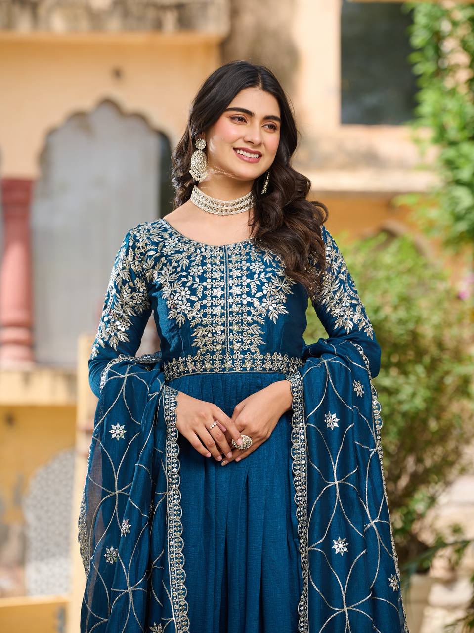 Navy Blue Pure Vichitra Silk Gown | Heavy 7mm Sequence Embroidered Couture