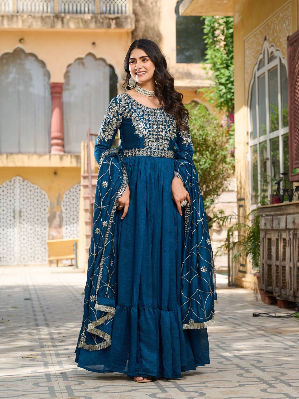 Navy Blue Pure Vichitra Silk Gown | Heavy 7mm Sequence Embroidered Couture