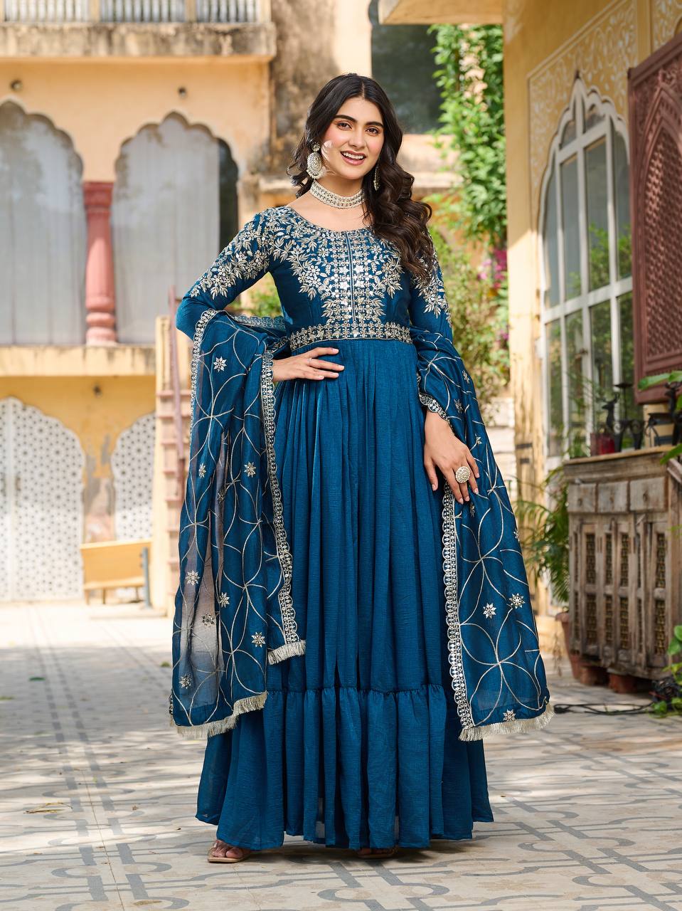 Navy Blue Pure Vichitra Silk Gown | Heavy 7mm Sequence Embroidered Couture
