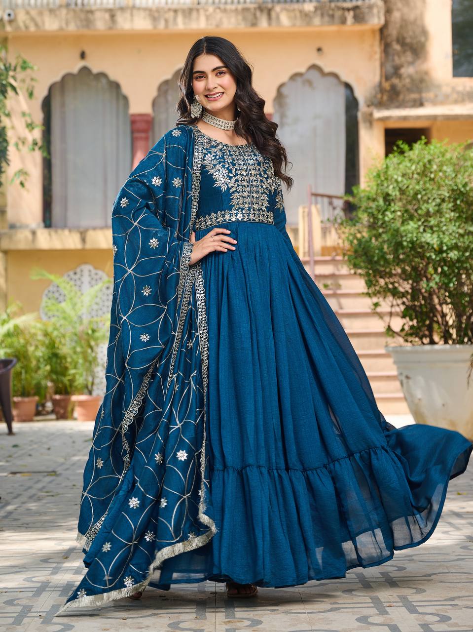 Navy Blue Pure Vichitra Silk Gown | Heavy 7mm Sequence Embroidered Couture