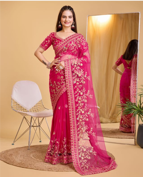 Dark Pink Soft Net Party Wear Saree | Designer Embroidered Evening Elegance