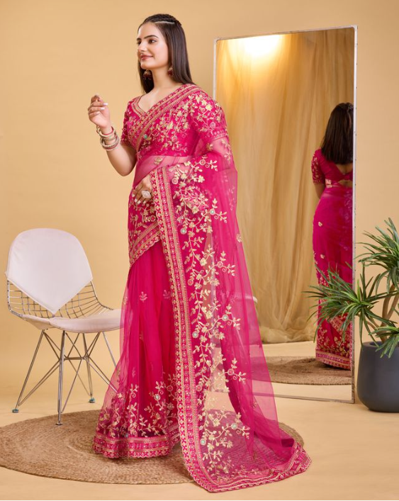 Dark Pink Soft Net Party Wear Saree | Designer Embroidered Evening Elegance