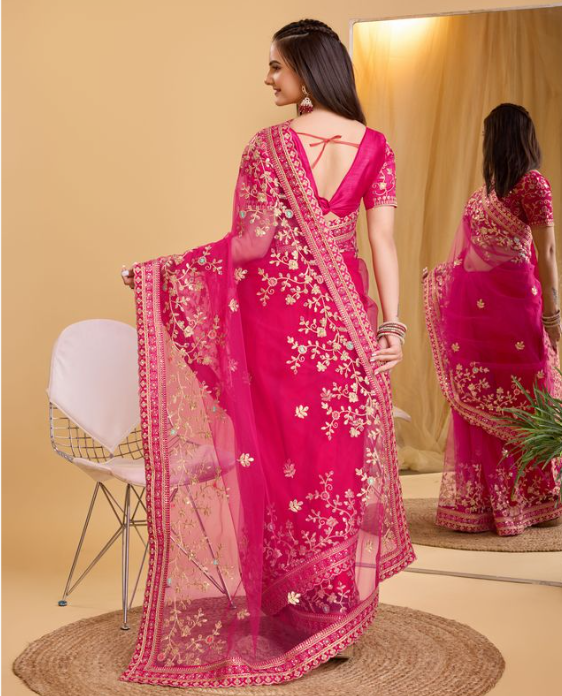Dark Pink Soft Net Party Wear Saree | Designer Embroidered Evening Elegance