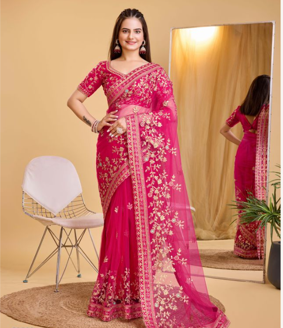 Dark Pink Soft Net Party Wear Saree | Designer Embroidered Evening Elegance