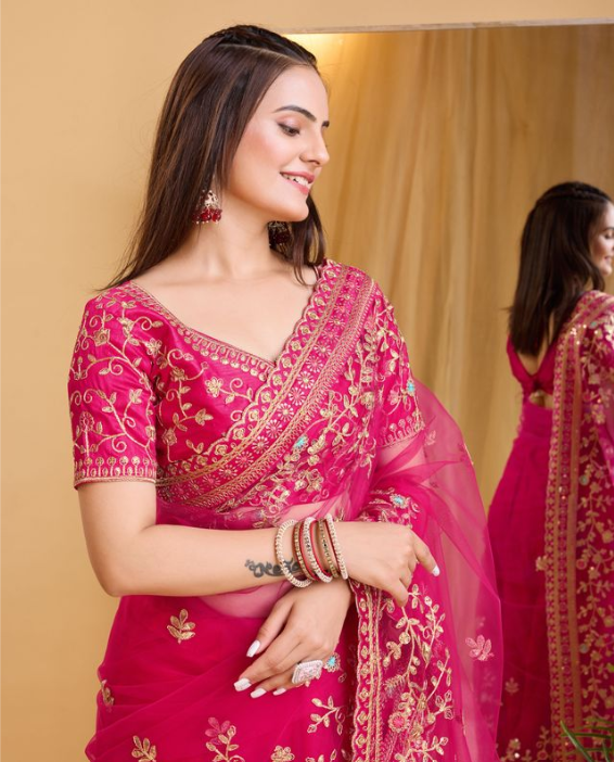 Dark Pink Soft Net Party Wear Saree | Designer Embroidered Evening Elegance