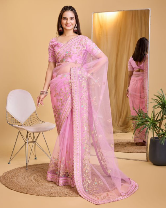 Blushing Pink Soft Net Party Wear Saree | Designer Embroidered Romantic Radiance